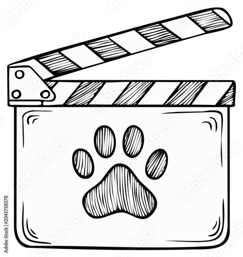 Doodle style film clapperboard with animal paw print for pet movies and animal themes animation.