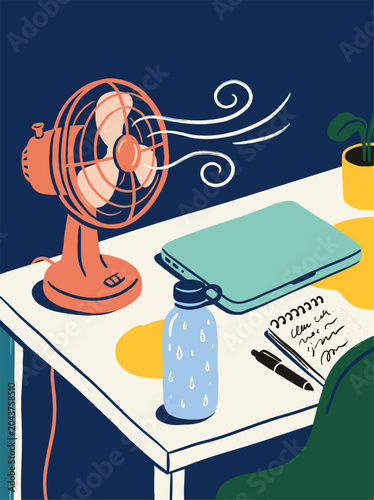 Desk Fan Water Bottle and Notebook Summer Workspace Illustration