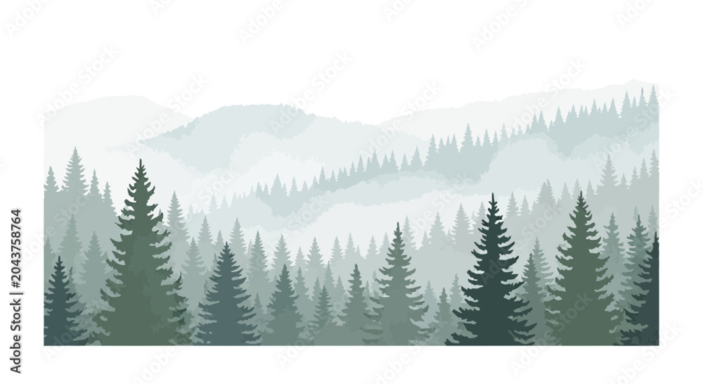 Fototapeta premium Misty Forest Landscape: Layered Pine Trees and Mountains in Hazy Blue-Green Tones