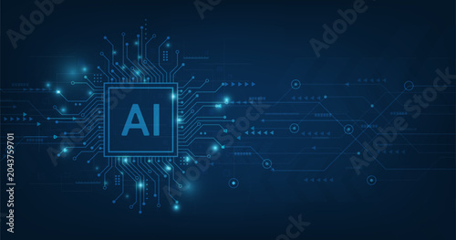 Modern artificial intelligence technology concept featuring AI processor chip, glowing digital circuit connections, data network interface, and futuristic blue background. Perfect for machine learning