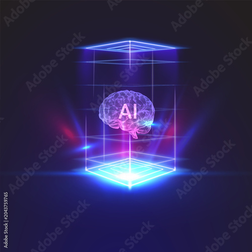 Futuristic artificial intelligence concept featuring a glowing AI brain hologram suspended inside a neon digital cube with vibrant blue and purple lighting effects. Ideal for machine learning,