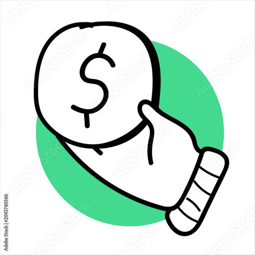 Hand holding money, take or give coin. Hand drawn flat vector cartoon doodle illustration. Philanthropy, volunteer, finance sticker, icon or print. Isolated.
