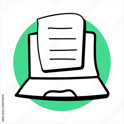 Hand drawn doodle laptop with document symbol for business management illustration vector. Computer electronic paperwork illustration. Document management symbol. Work with documentation.