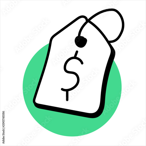 Minimalist black and white line icon of a price tag with a loop string and bold dollar sign, symbolizing cost, pricing, sales, or commerce, isolated on a white background.

