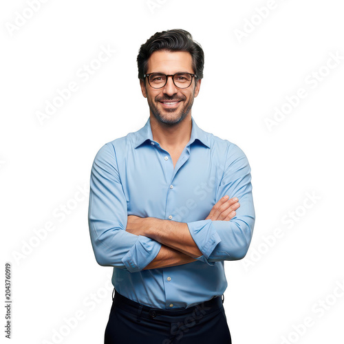 Smiling man with arms crossed standing confidently isolated on transparent background