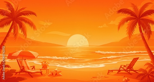 summer background with beach scene in orange tone colors, generative ai illustration
