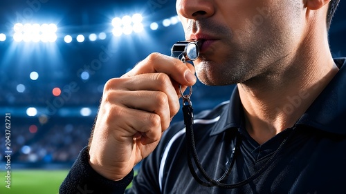 Football referee blowing whistle to manage intense soccer match action during Brazil World Cup stadium game