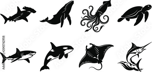 Foto Sea life silhouette set featuring hammerhead shark humpback whale giant squid se
