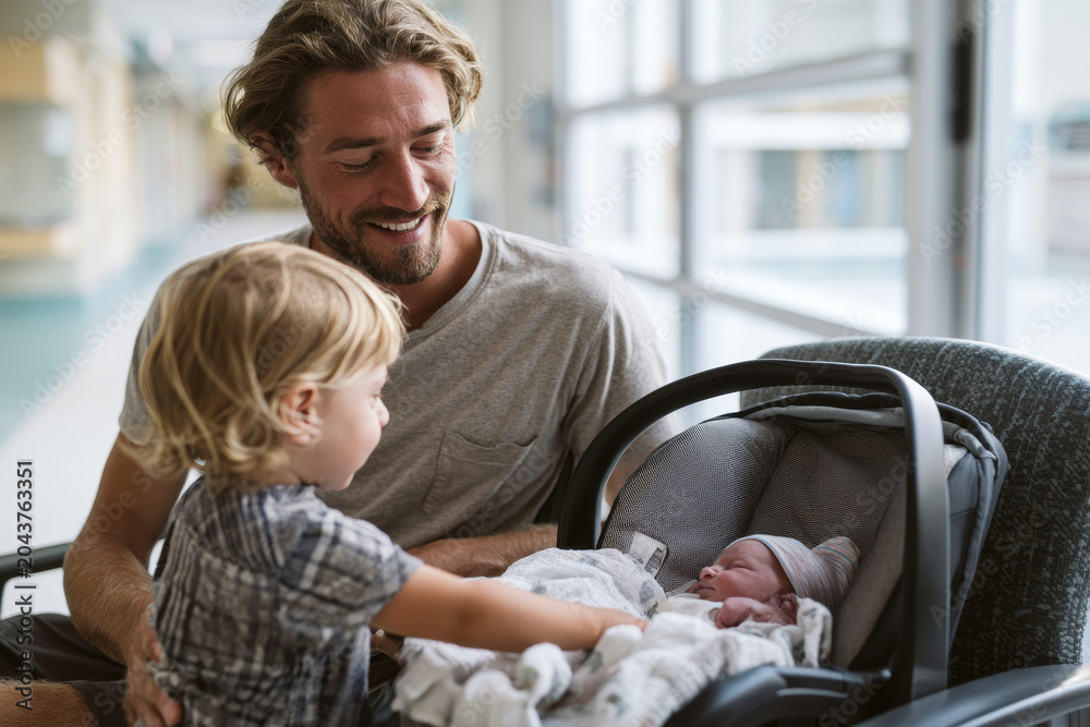 Obraz premium Father and older child meeting a newborn baby in a car seat at the maternity hospital, representing family bonding, new sibling introduction and leaving the hospital after birth