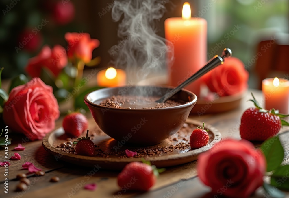 Fototapeta premium Romantic Chocolate Fondue Fruit Dippers Intimate Table Setup Candles Roses Textured Decor