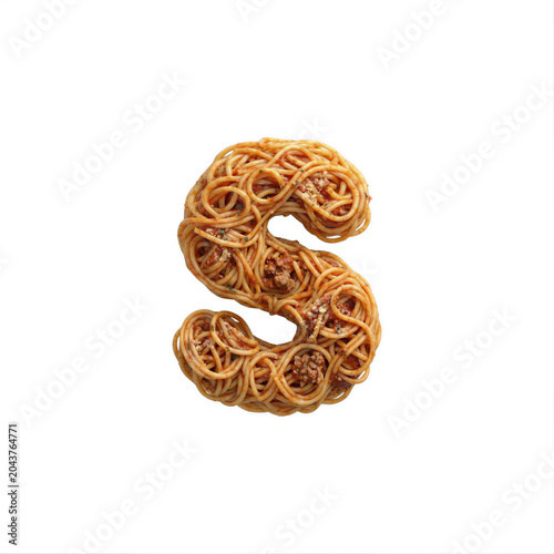 Spaghetti pasta letter S - Lower-case Italian noodles font isolated on white background. Perfect alphabet for creative illustrations related to traditional cuisine, food, nutrition...