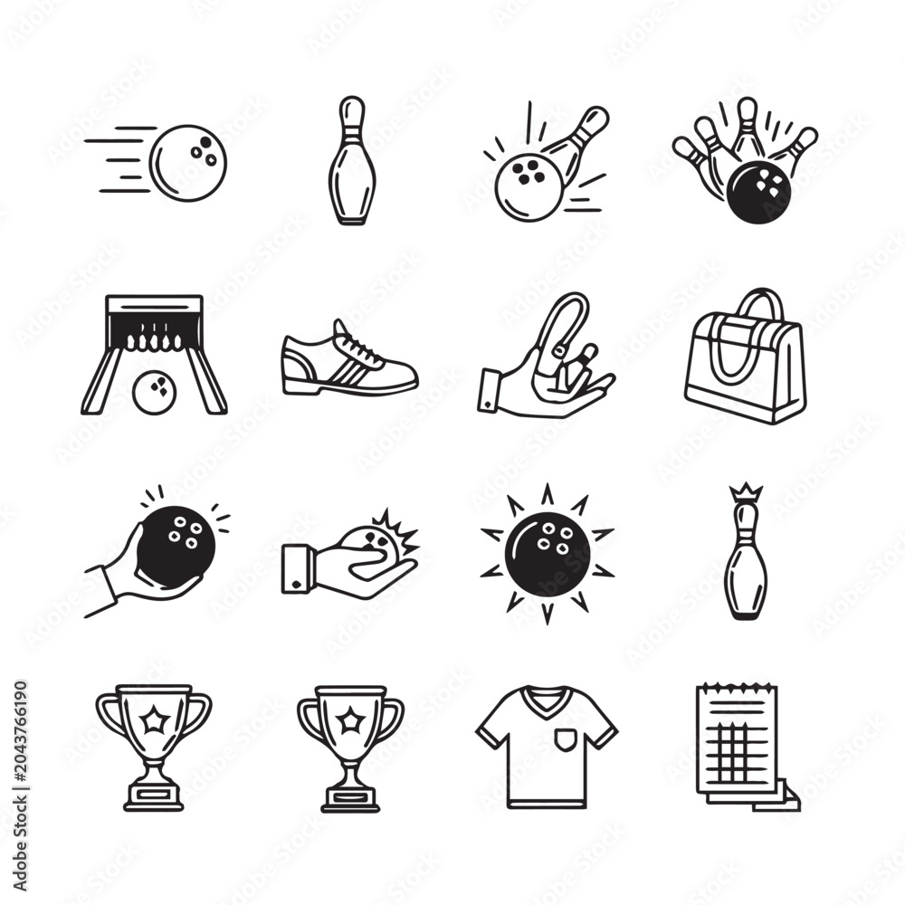 Obraz premium Bowling equipment icons in a clean outline style with a white background for commercial use