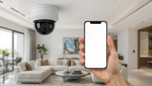 Smart home security monitoring with blank white smartphone screen and ceiling dome camera, luxury residential interior showcasing remote surveillance control, iot connectivity and home safety technolo