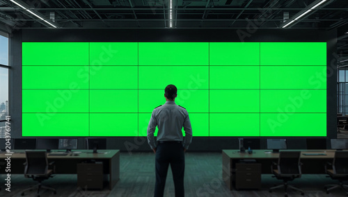 Security operator monitoring massive green screen display wall in modern command center, professional surveillance control room with editable chroma key screens, advanced security operations concept