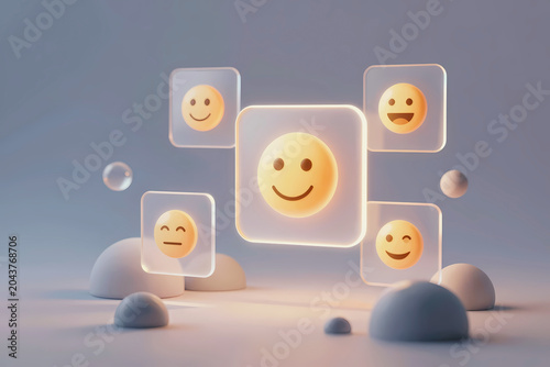 A collection of glowing emojis with different expressions float against a soft, muted background.
