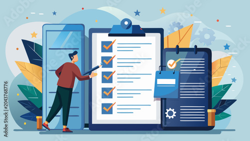 Man checking off completed tasks on a giant checklist illustration