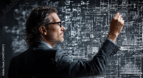 man in a suit writing on a blackboard filled with complex white diagrams and equations with his back