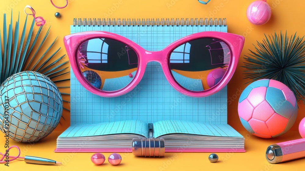Fototapeta premium Summer Fun Sunglasses on Notebook, Festive Background