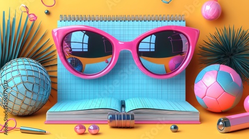 Summer Fun Sunglasses on Notebook, Festive Background
