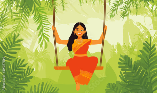 Indian woman sitting on a swing illustration flat vector design