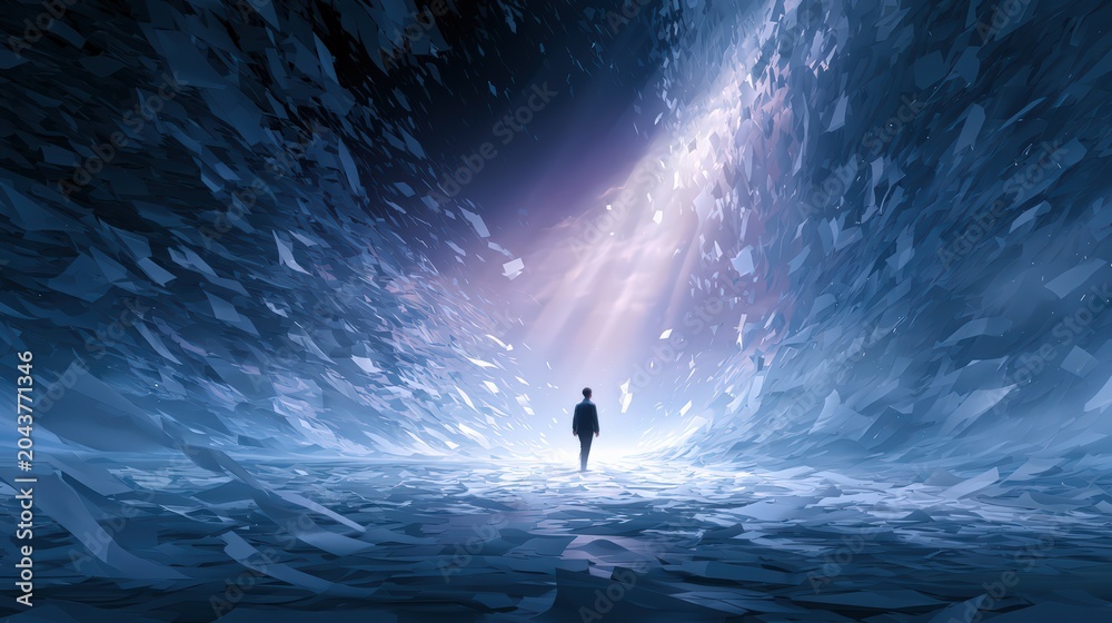 Fototapeta premium Person Walking Towards a Bright Light in an Abstract Blue Space