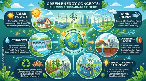 Renewable Energy Infographic Illustration Showcasing Sustainable Power Solutions and Green Technology