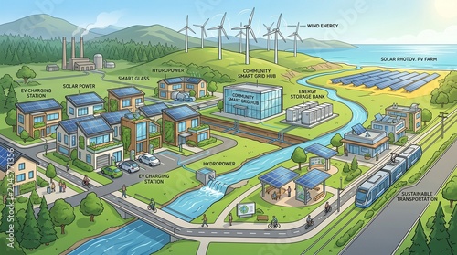 Sustainable Smart City Infographic with Renewable Energy, Green Buildings and Clean Infrastructure
