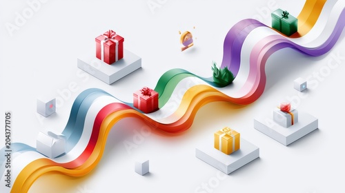 Colorful Winding Ribbon with Gift Boxes on a Clean White Background