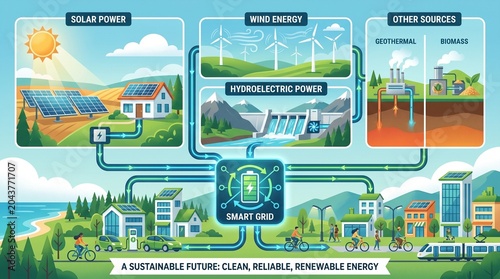 Renewable Energy Infographic Showing Solar, Wind and Hydroelectric Power Systems