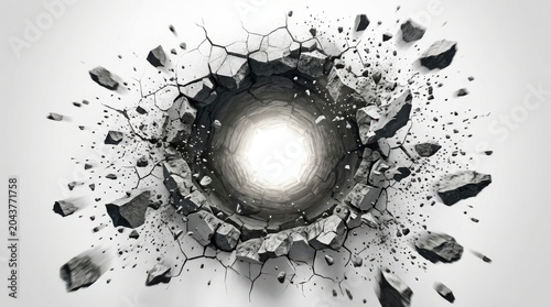 Round hole with shattered concrete and debris around it