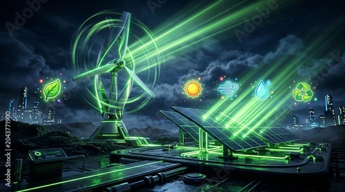 Futuristic Renewable Energy Illustration with Wind Turbine and Solar Panels Using Digital Green Technology