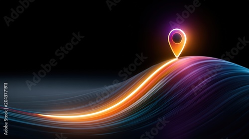 Navigation Pin and Wavy Glowing Path on Dark Background Concept