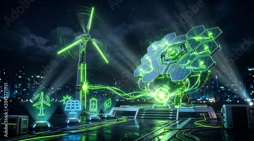 Futuristic Green Energy Illustration with Wind Turbine and Digital Renewable Power Technology