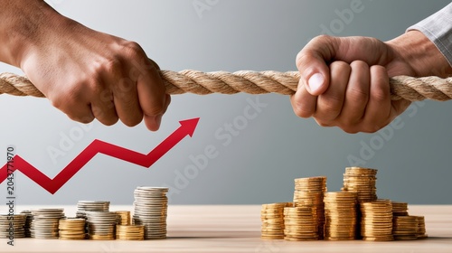 Financial Tug of War Concept with Hands Pulling Rope and Growing