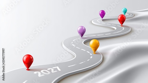 Winding Road with Colorful Map Pins Signifying Business Milestones
