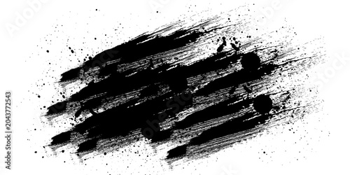 Foto Black ink brush stroke texture with splatter effects on white background