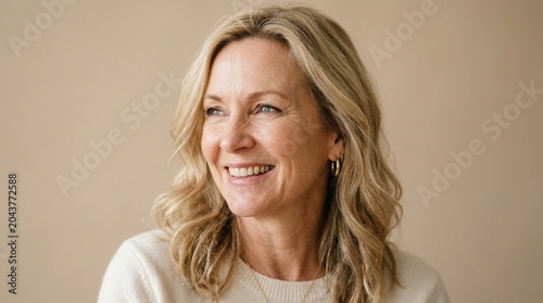 Cheerful Mature Blonde Woman in White Underwear Smiling Aside | Body Positive Fitness Portrait