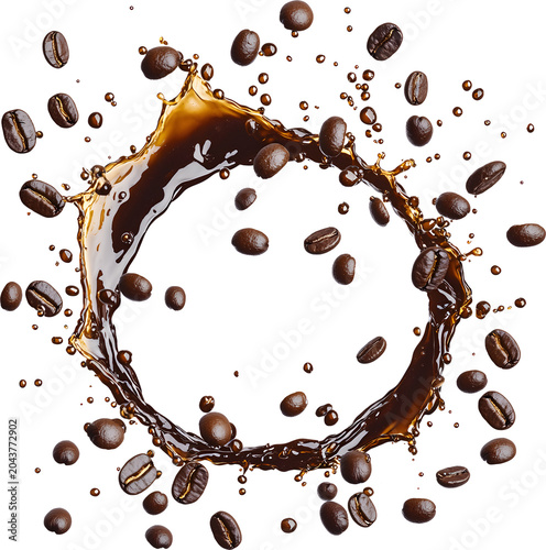 Circular coffee splash motion with flying beans and droplets for dynamic swirl café menu, isolated cutout