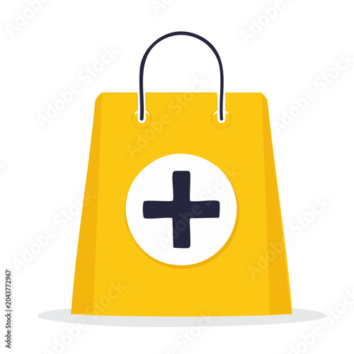 Yellow shopping bag with a plus sign