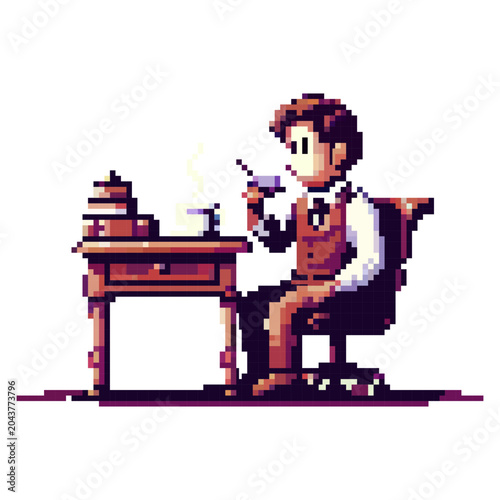 A man sits at a wooden table with a coffee cup in hand, looking relaxed while enjoying a drink. The scene shows a simple room with minimal furniture