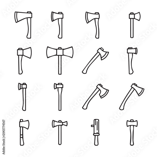 Collection of diverse axe icons in a clean line drawing style against a white background symbolizing tools and craftsmanship