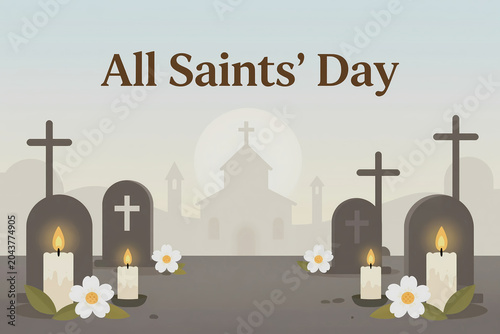 All Saints' Day commemoration with candles and flowers in a cemetery.