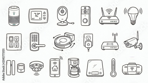 Set of hand drawn smart home technology illustrations. Clean doodle drawings of connected appliances, smart speakers, thermostats, security cameras, lighting controls, home automation devices 