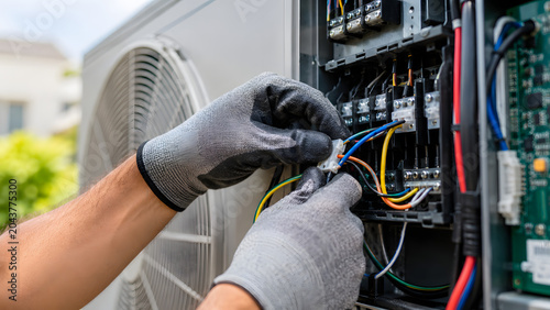 Technician wearing gloves works on the electrical wiring of an air conditioning unit, showing intricate connections and wires.