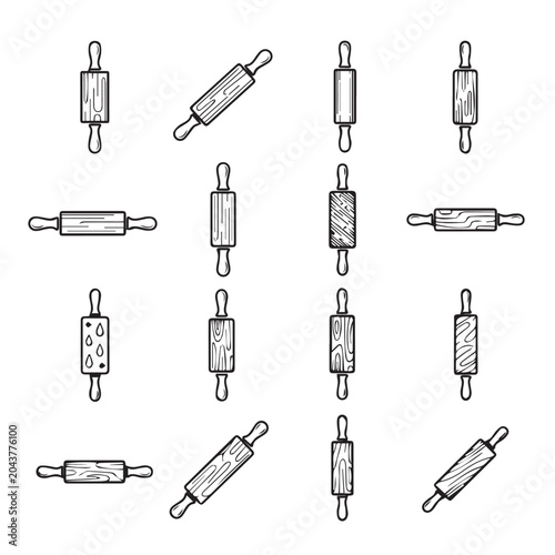 Collection of wooden rolling pins in varied styles and patterns on a white background