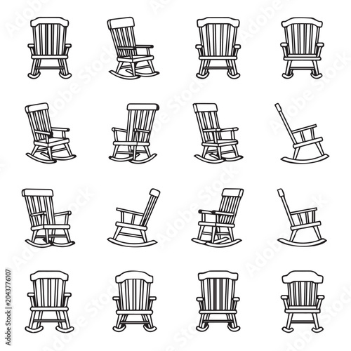 Collection of wooden rocking chairs in various perspectives with clean white background showing classic design elements