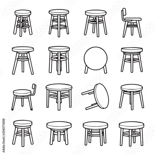 Collection of wooden stools and chairs with simple line art for design projects