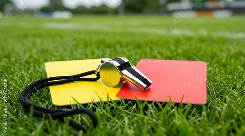 Soccer referee cards and whistle on grass field game foul