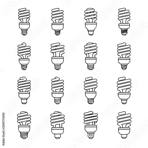 Compact fluorescent light bulbs in a clean white grid pattern representing energy saving and innovation