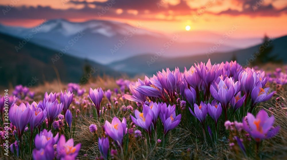 Obraz premium Purple Flowers Sunrise Over Mountain Landscape